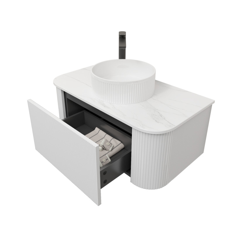 Kiama 950mm Matte White 1 Drawer Curved Wall Hung Fluted Bathroom Vanity