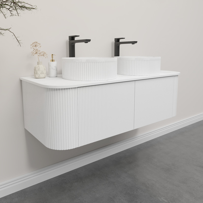 Kiama 1200mm Matte White 2 Drawers Curved Wall Hung Fluted Bathroom Vanity
