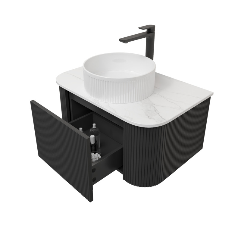 Kiama 750mm Matte Black 1 Drawer Curved Wall Hung Fluted Bathroom Vanity