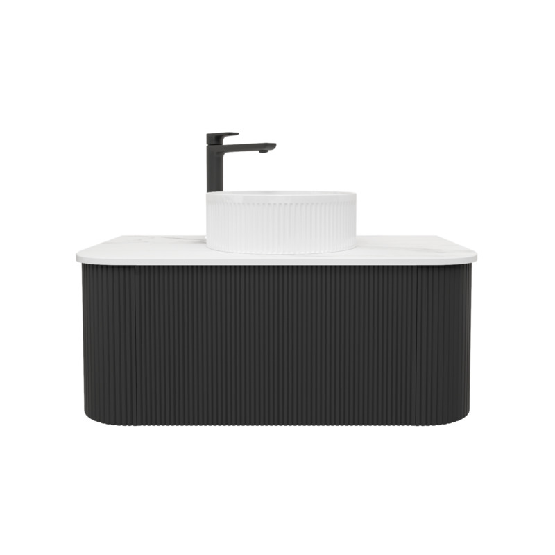Kiama 950mm Matte Black 1 Drawer Curved Wall Hung Fluted Bathroom Vanity
