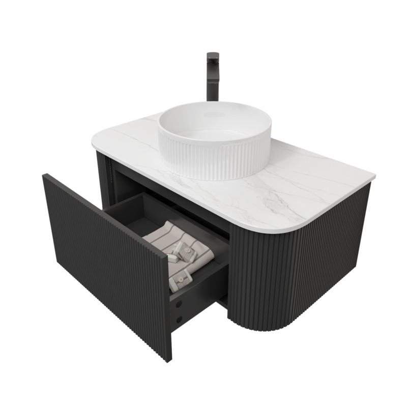 Kiama 950mm Matte Black 1 Drawer Curved Wall Hung Fluted Bathroom Vanity