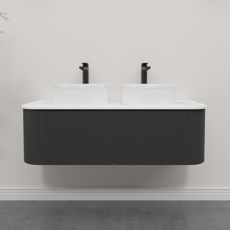 Kiama 1200mm Matte Black 2 Drawers Curved Wall Hung Fluted Bathroom Vanity