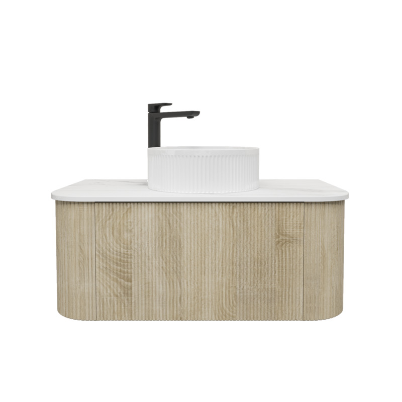 Kiama 950mm White Oak 1 Drawer Curved Wall Hung Fluted Bathroom Vanity