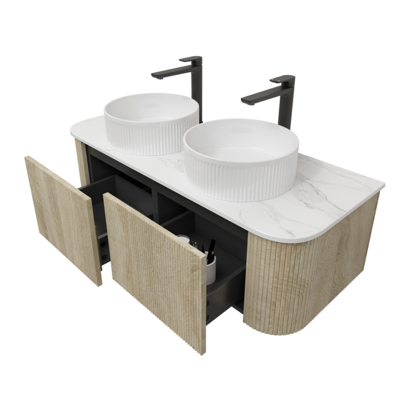 Kiama 1200mm White Oak 2 Drawers Curved Wall Hung Fluted Bathroom Vanity