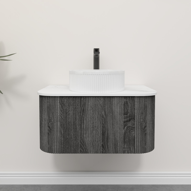 Kiama 750mm Dark Grey 1 Drawer Curved Wall Hung Fluted Bathroom Vanity