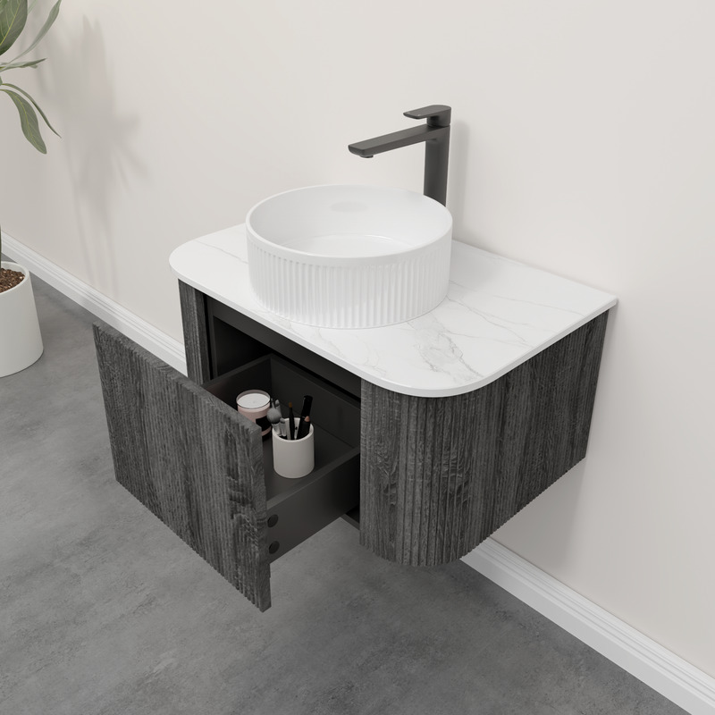 Kiama 750mm Dark Grey 1 Drawer Curved Wall Hung Fluted Bathroom Vanity