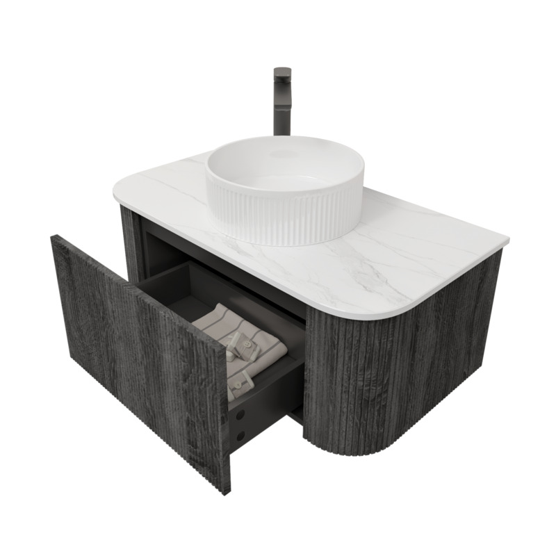 Kiama 950mm Dark Grey 1 Drawer Curved Wall Hung Fluted Bathroom Vanity