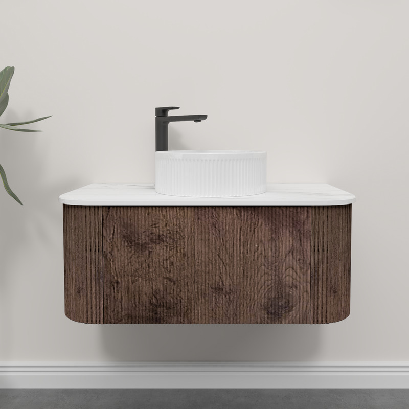Kiama 950mm Dark Oak 1 Drawer Curved Wall Hung Fluted Bathroom Vanity