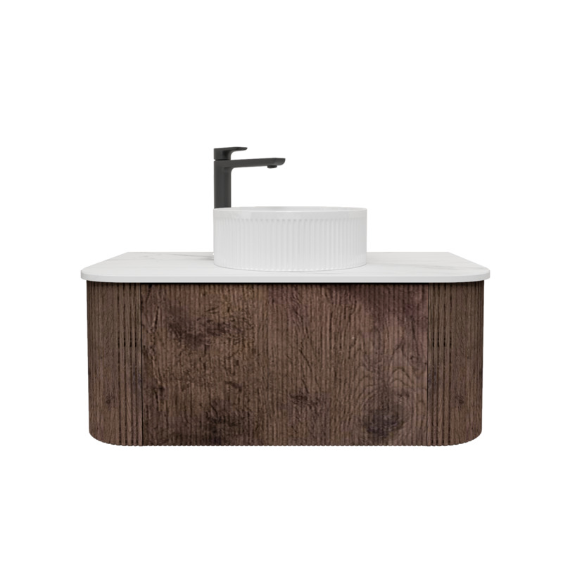 Kiama 950mm Dark Oak 1 Drawer Curved Wall Hung Fluted Bathroom Vanity