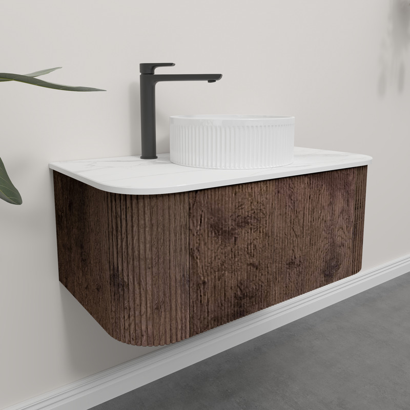Kiama 950mm Dark Oak 1 Drawer Curved Wall Hung Fluted Bathroom Vanity
