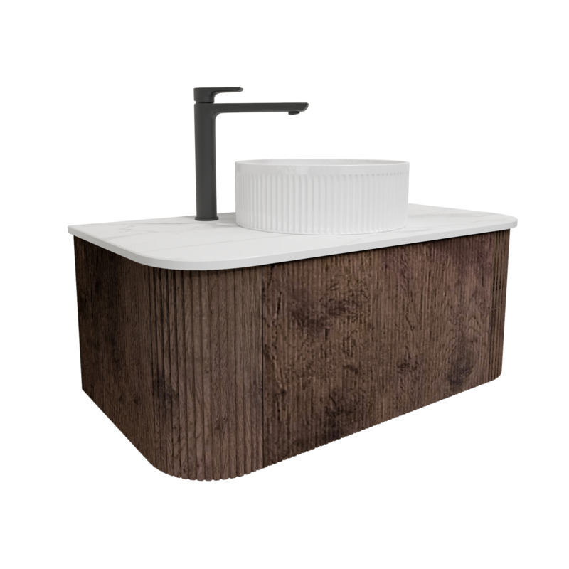 Kiama 950mm Dark Oak 1 Drawer Curved Wall Hung Fluted Bathroom Vanity