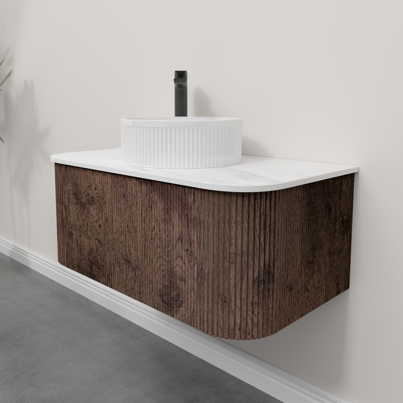 Kiama 950mm Dark Oak 1 Drawer Curved Wall Hung Fluted Bathroom Vanity