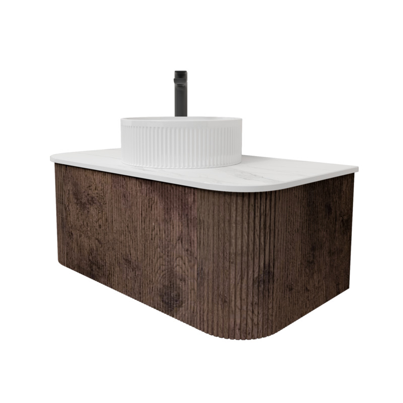Kiama 950mm Dark Oak 1 Drawer Curved Wall Hung Fluted Bathroom Vanity
