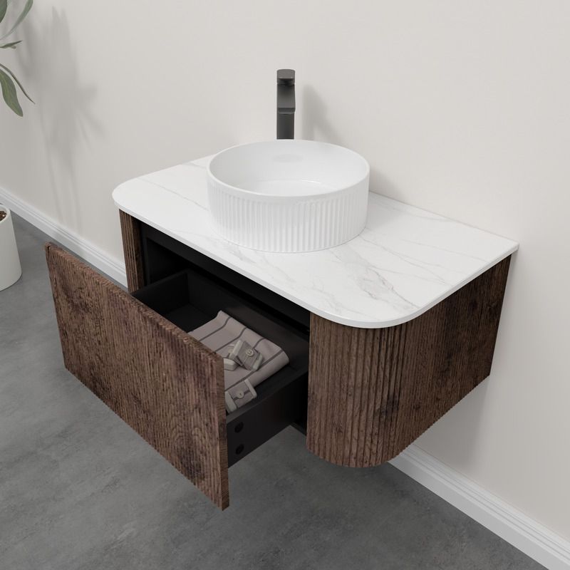 Kiama 950mm Dark Oak 1 Drawer Curved Wall Hung Fluted Bathroom Vanity