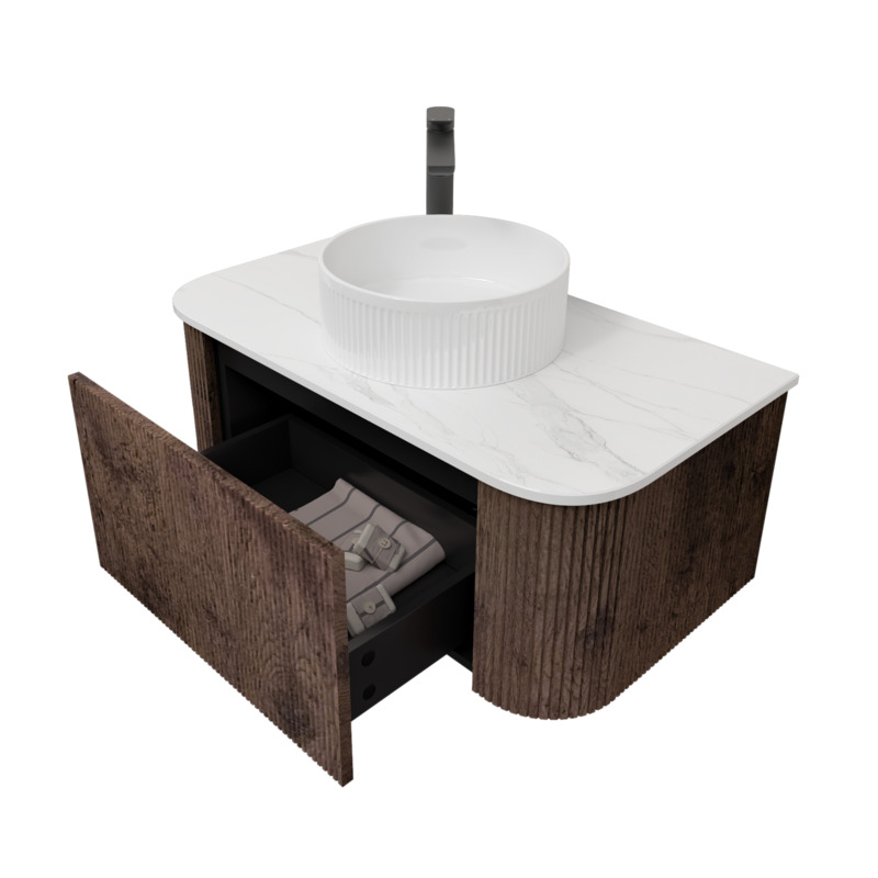 Kiama 950mm Dark Oak 1 Drawer Curved Wall Hung Fluted Bathroom Vanity