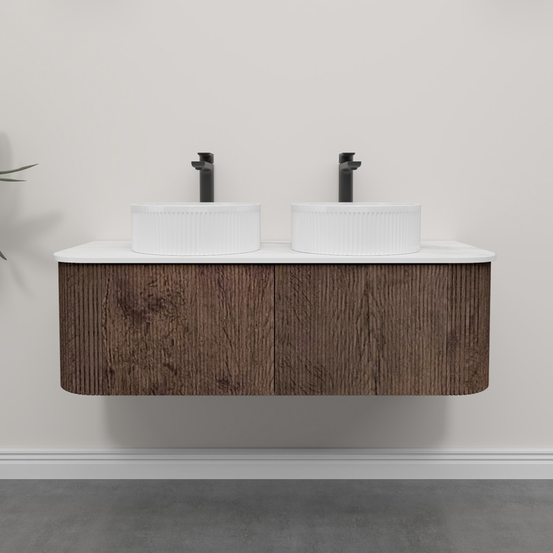 Kiama 1200mm Dark Oak 2 Drawers Curved Wall Hung Fluted Bathroom Vanity
