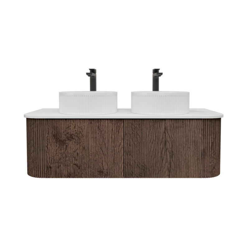 Kiama 1200mm Dark Oak 2 Drawers Curved Wall Hung Fluted Bathroom Vanity