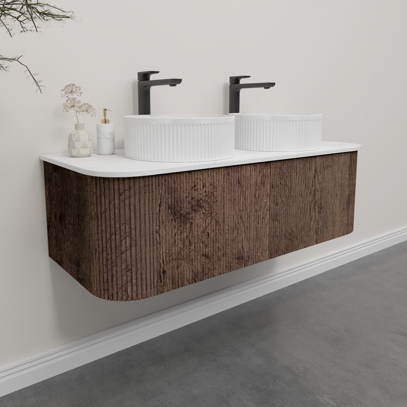 Kiama 1200mm Dark Oak 2 Drawers Curved Wall Hung Fluted Bathroom Vanity