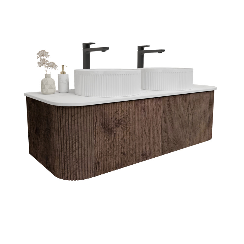 Kiama 1200mm Dark Oak 2 Drawers Curved Wall Hung Fluted Bathroom Vanity