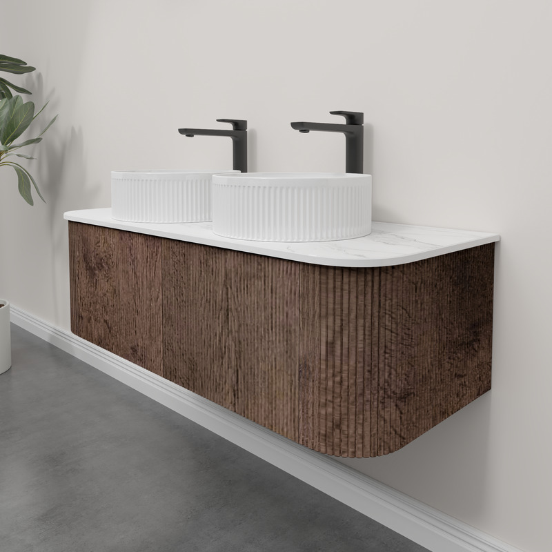 Kiama 1200mm Dark Oak 2 Drawers Curved Wall Hung Fluted Bathroom Vanity