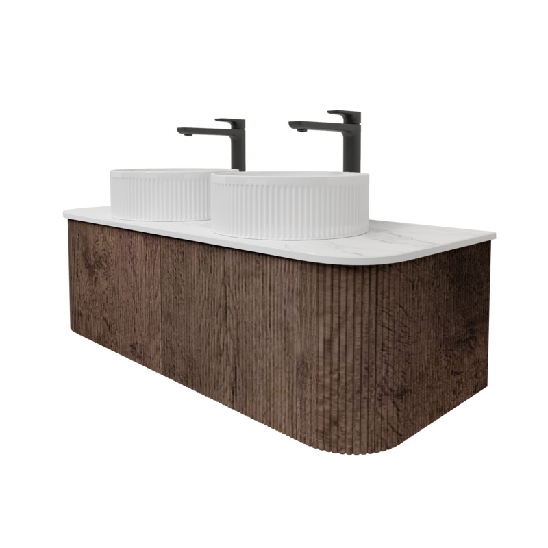 Kiama 1200mm Dark Oak 2 Drawers Curved Wall Hung Fluted Bathroom Vanity