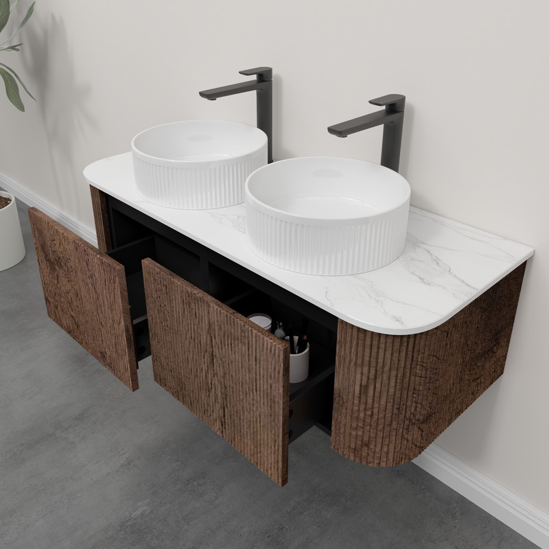 Kiama 1200mm Dark Oak 2 Drawers Curved Wall Hung Fluted Bathroom Vanity