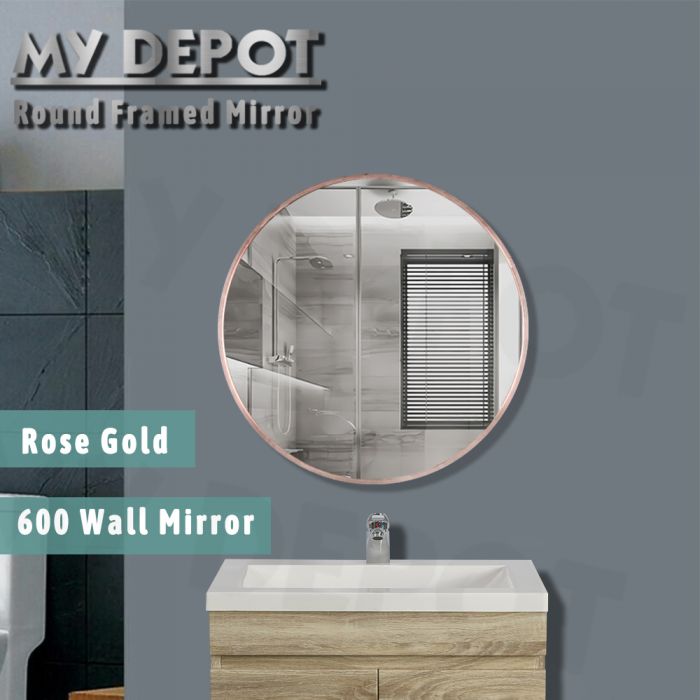 600 600mm Pencil Edge Round Plain, Rose Gold Framed Bathroom Mirror