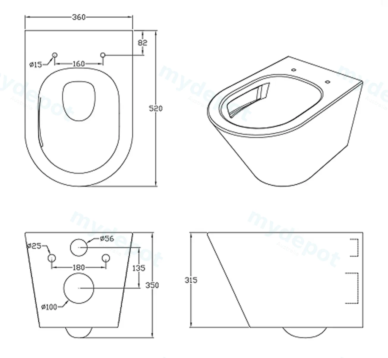 520*360*350mm Matte Black Agena Tonardo Rimless Flush Wall-Hung Pan view 2