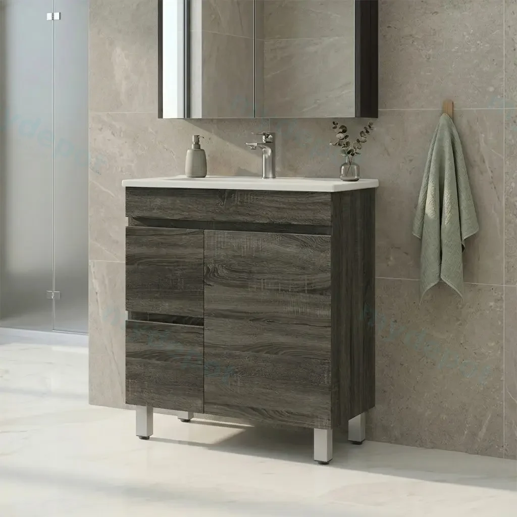 750mm Slim Dark Grey MDF Freestanding Bathroom Vanity Cabinet Only Left Drawer PVC Vacuum Filmed view 2