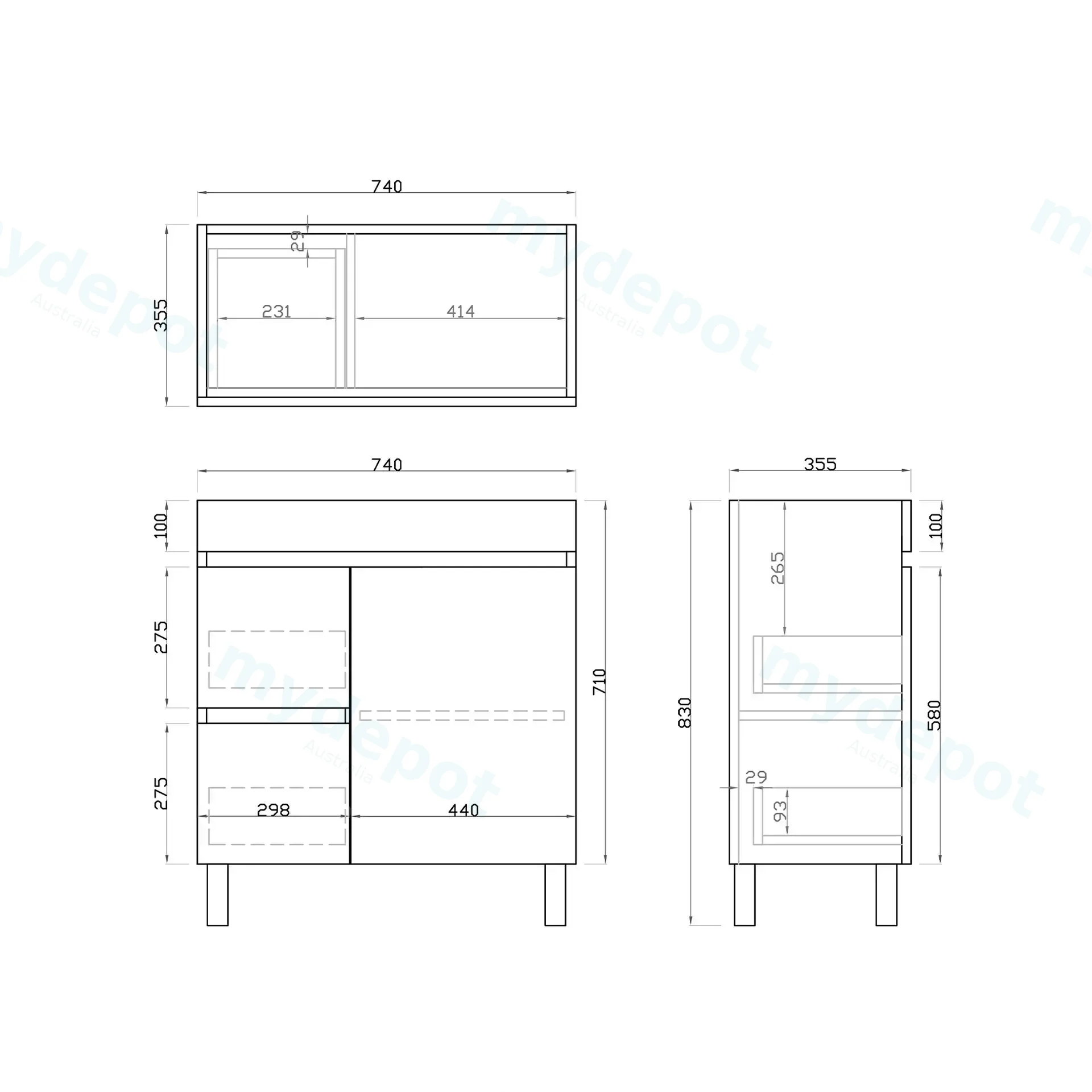 750mm Slim Dark Grey MDF Freestanding Bathroom Vanity Cabinet Only Left Drawer PVC Vacuum Filmed view 3