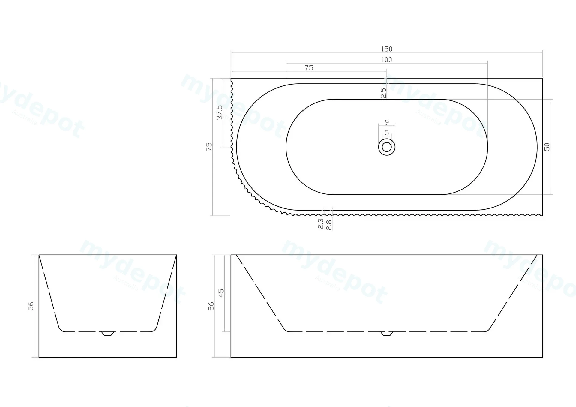 1500mm Kiama Grooved Gloss White Right Corner Fit Bathtub view 2