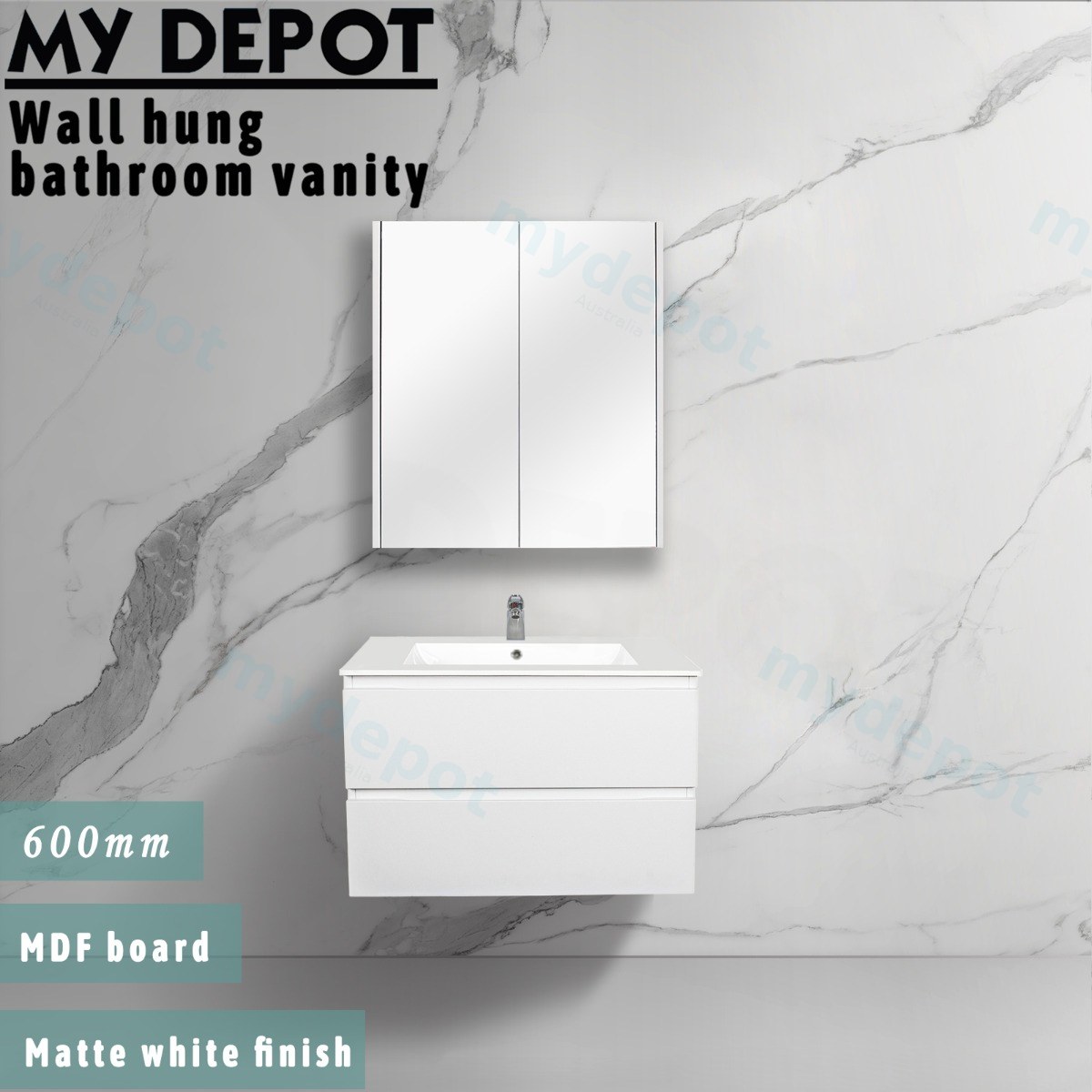 600mm Matte White MDF 2 Drawers Wall Hung Bathroom Vanity Cabinet Only view 6