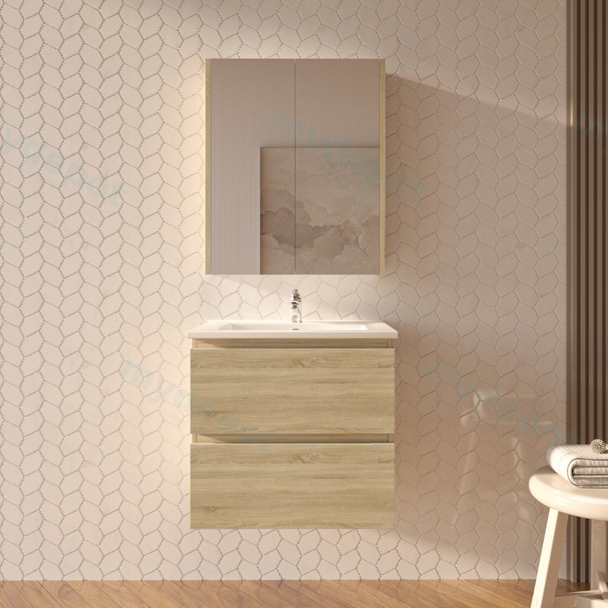 600mm White Oak MDF 2 Drawers Wall Hung Bathroom Vanity Cabinet Only view 2