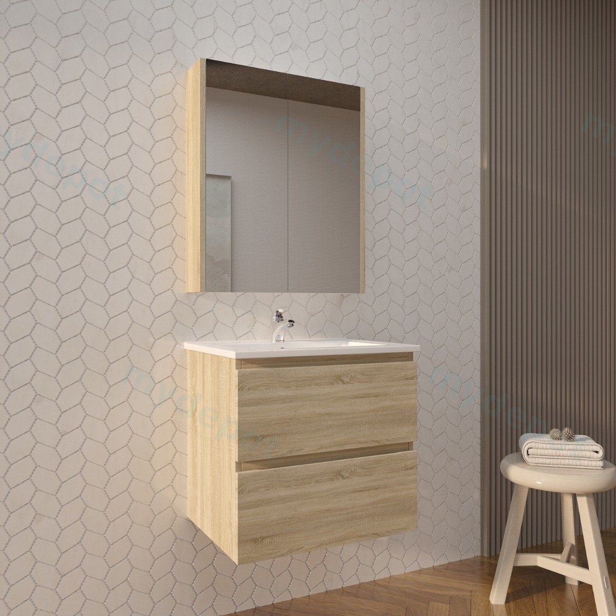 600mm White Oak MDF 2 Drawers Wall Hung Bathroom Vanity Cabinet Only view 4