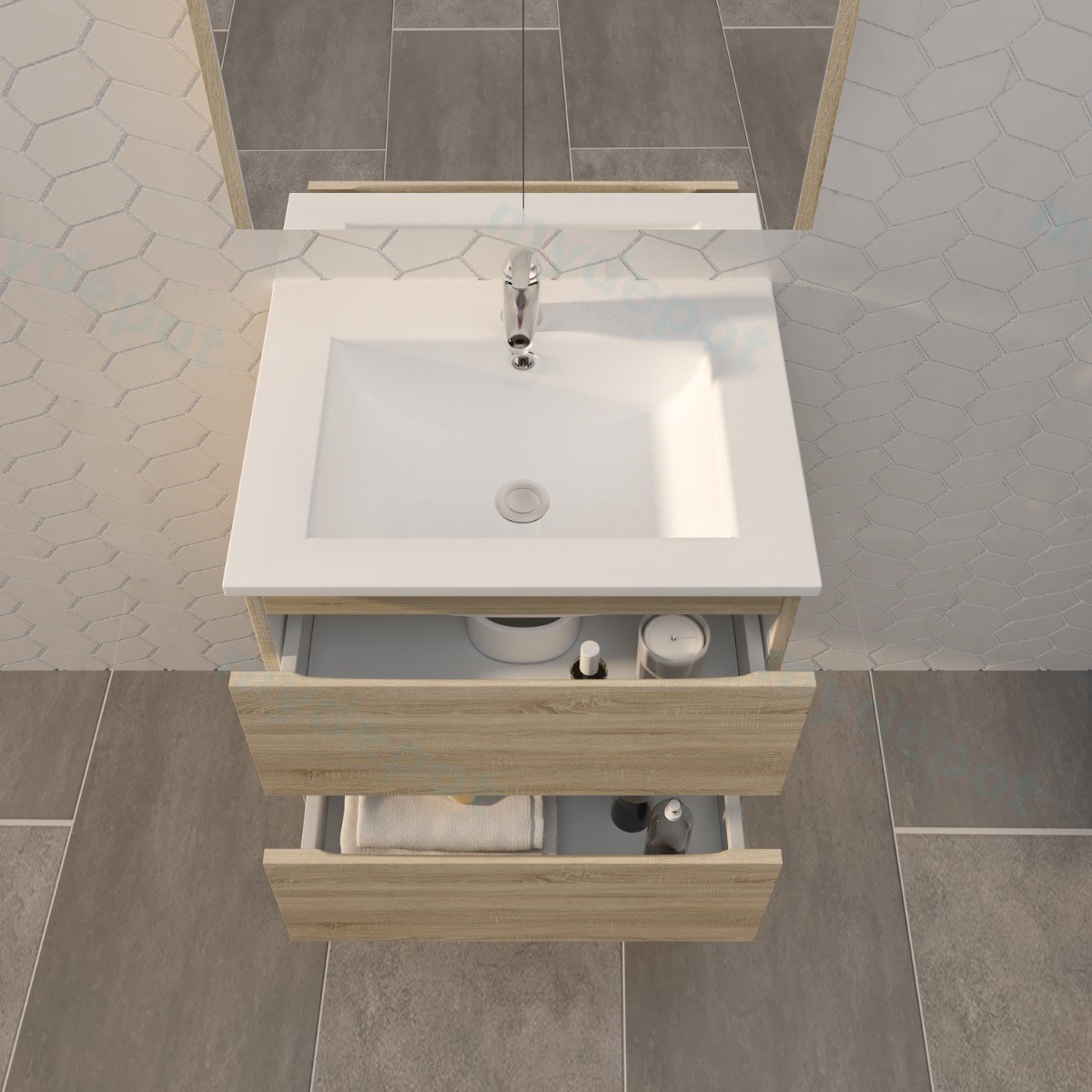 600mm White Oak MDF 2 Drawers Wall Hung Bathroom Vanity Cabinet Only view 5