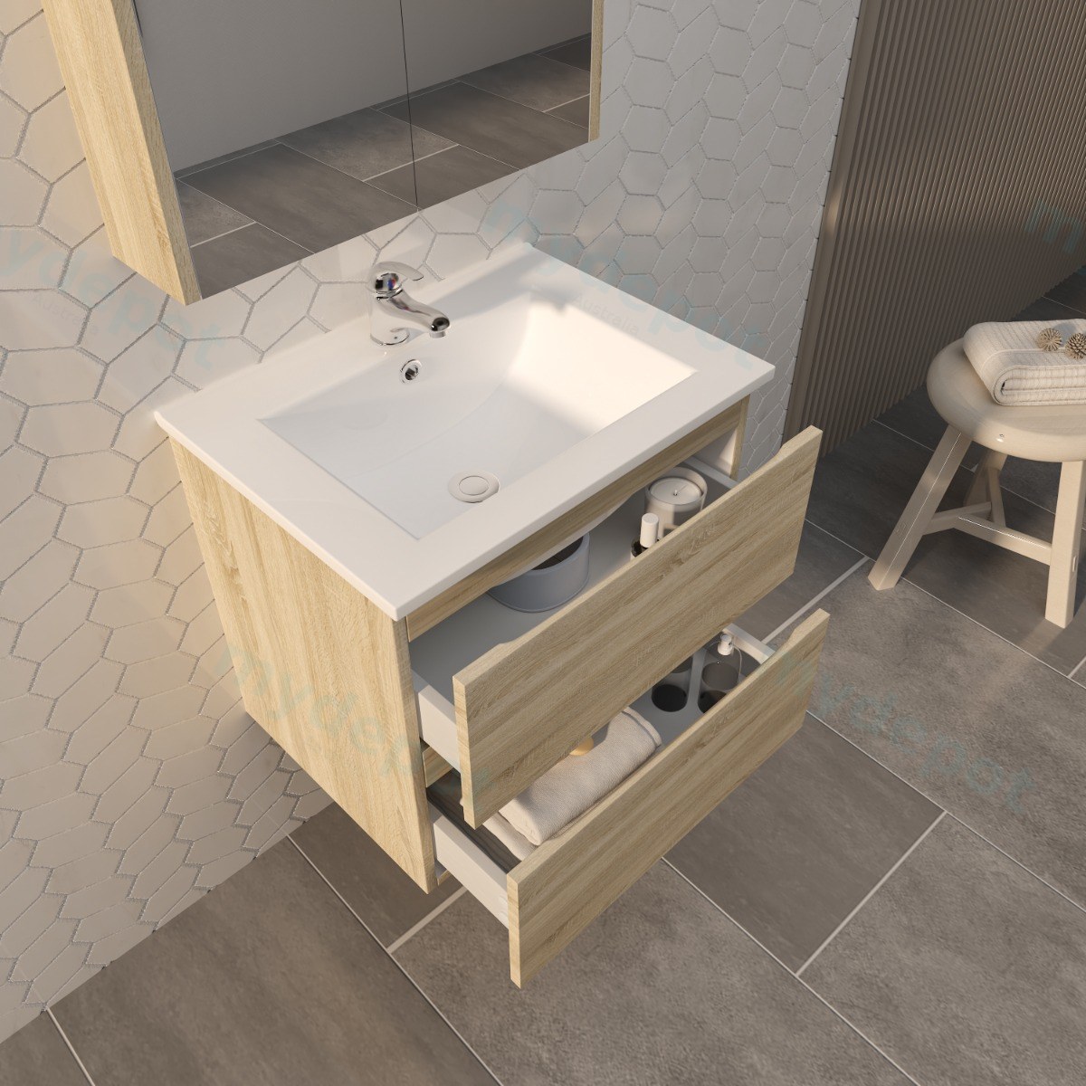 600mm White Oak MDF 2 Drawers Wall Hung Bathroom Vanity Cabinet Only view 6