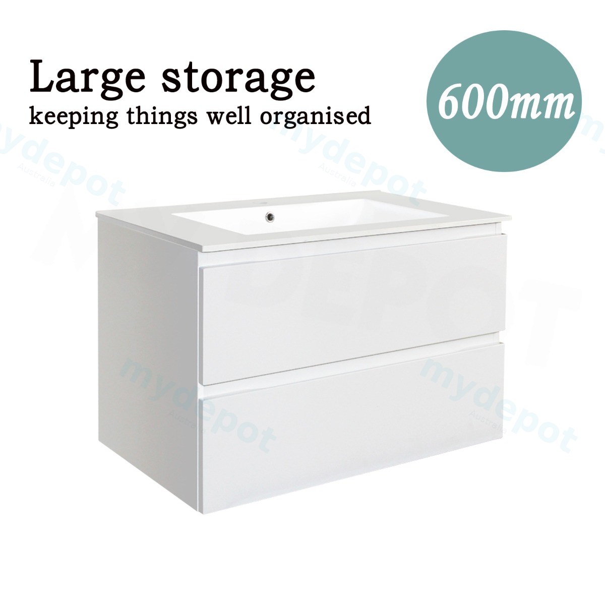 600mm Matte White MDF 2 Drawers Wall Hung Bathroom Vanity Cabinet Only view 2