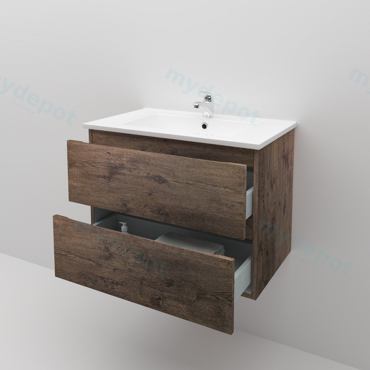 750mm Dark Oak MDF 2 Drawers Wall Hung Bathroom Vanity Cabinet Only view 4