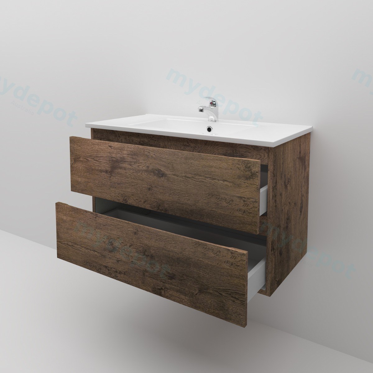 900Lx550Hx450Dmm Dark Oak MDF Board with PVC Vacuum Filmed 2/DW Wall Hung Vanity view 4