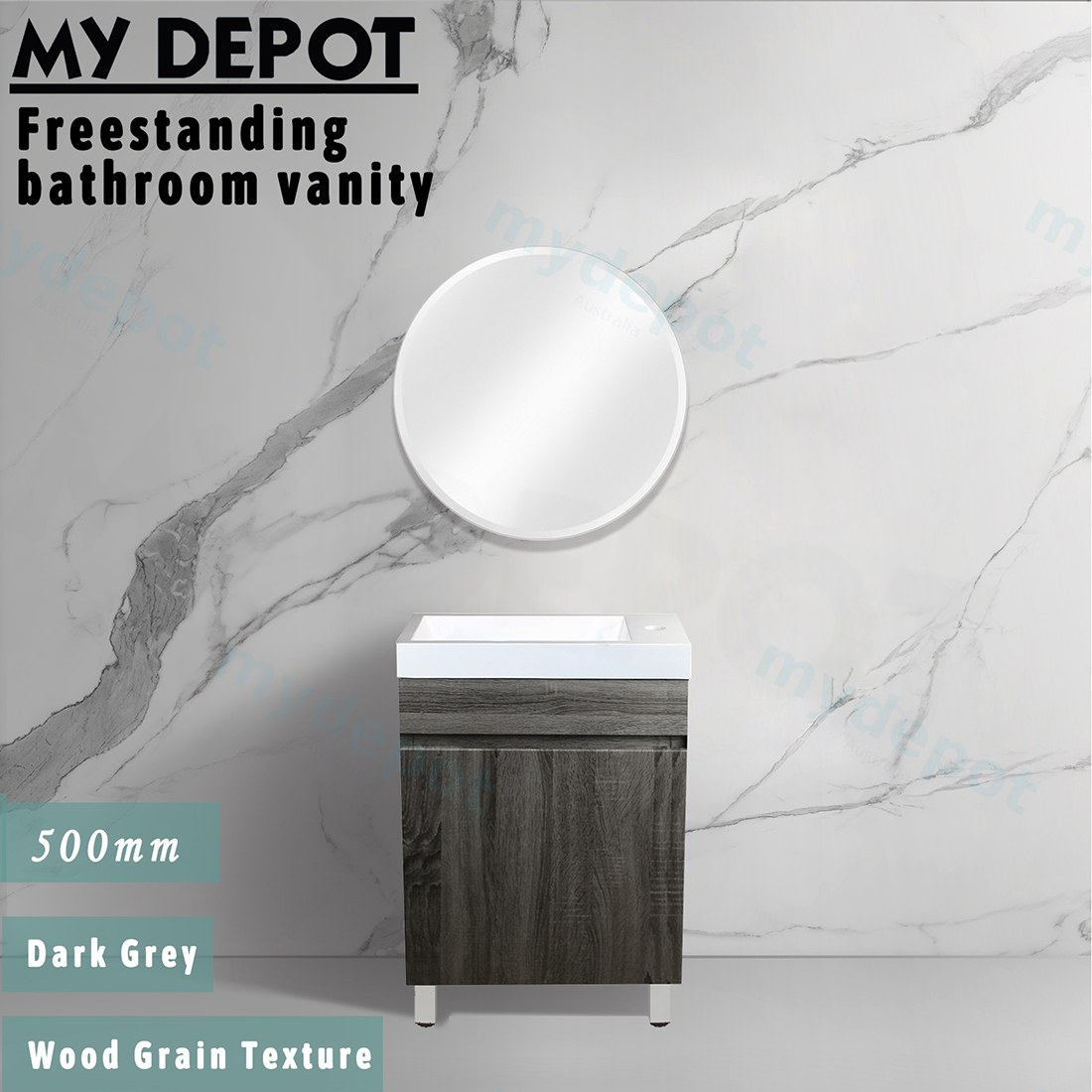 500mm Dark Grey MDF 1 Door Freestanding Bathroom Vanity Cabinet Only view 3