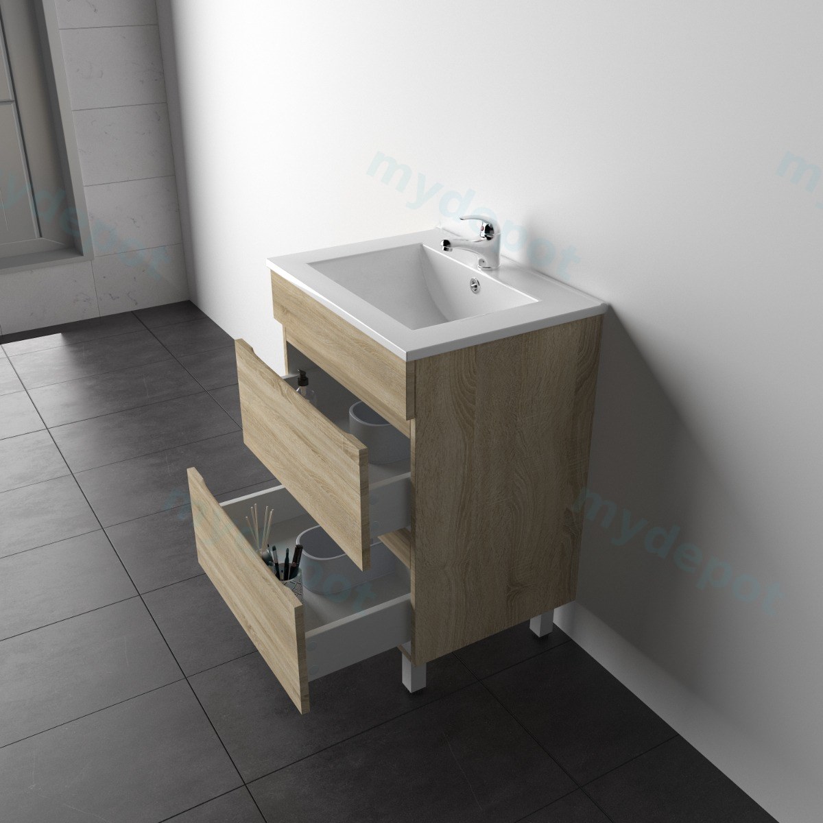 600mm White Oak MDF 2 Drawers Freestanding Bathroom Vanity Cabinet Only view 2