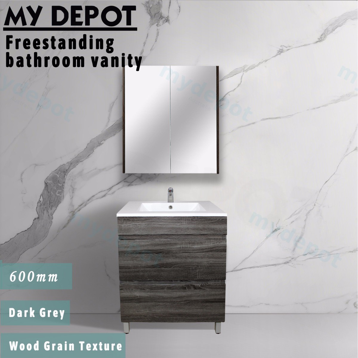 600mm Dark Grey MDF 2 Drawers Freestanding Bathroom Vanity Cabinet Only view 2