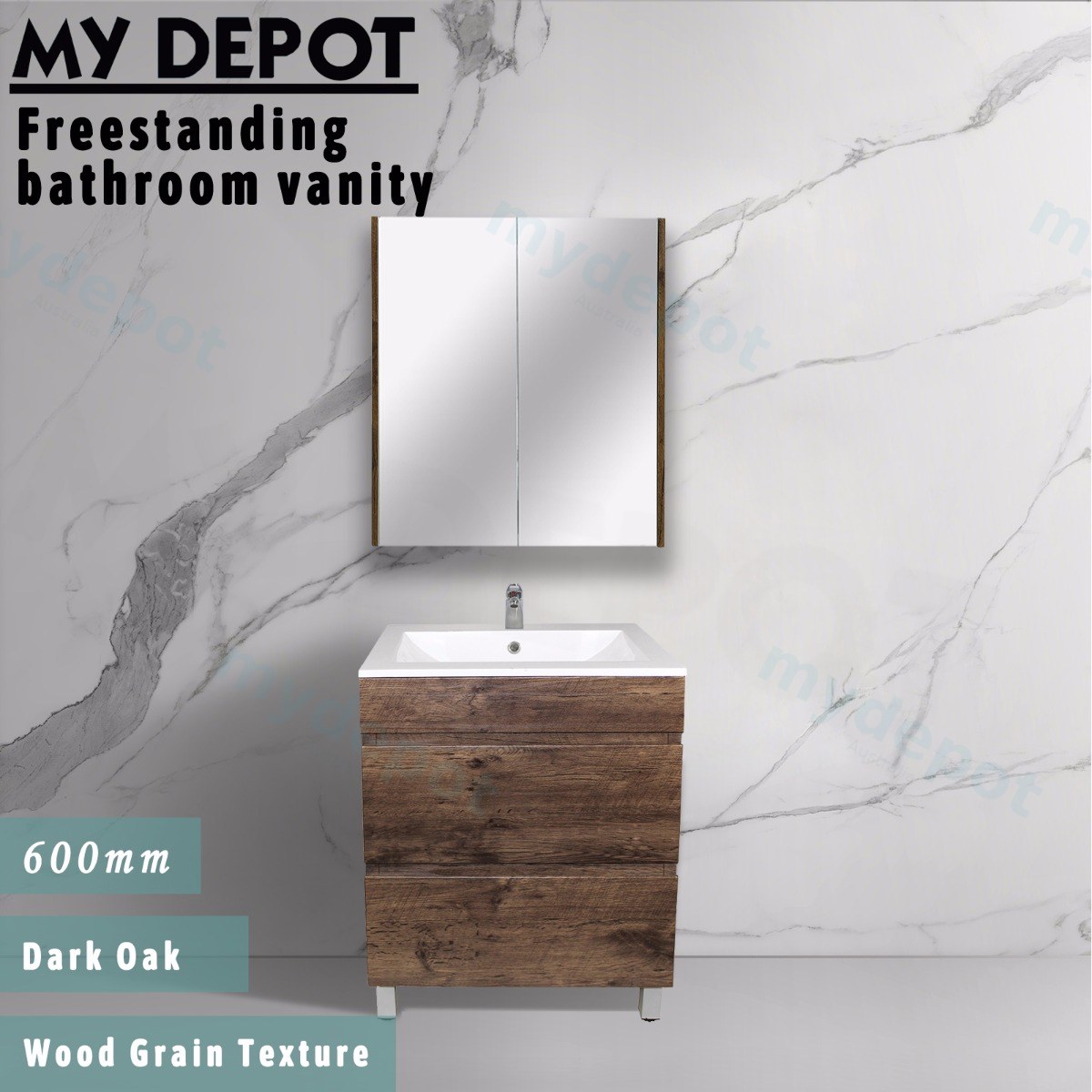 600mm Dark Oak MDF 2 Drawers Freestanding Bathroom Vanity Cabinet Only view 2