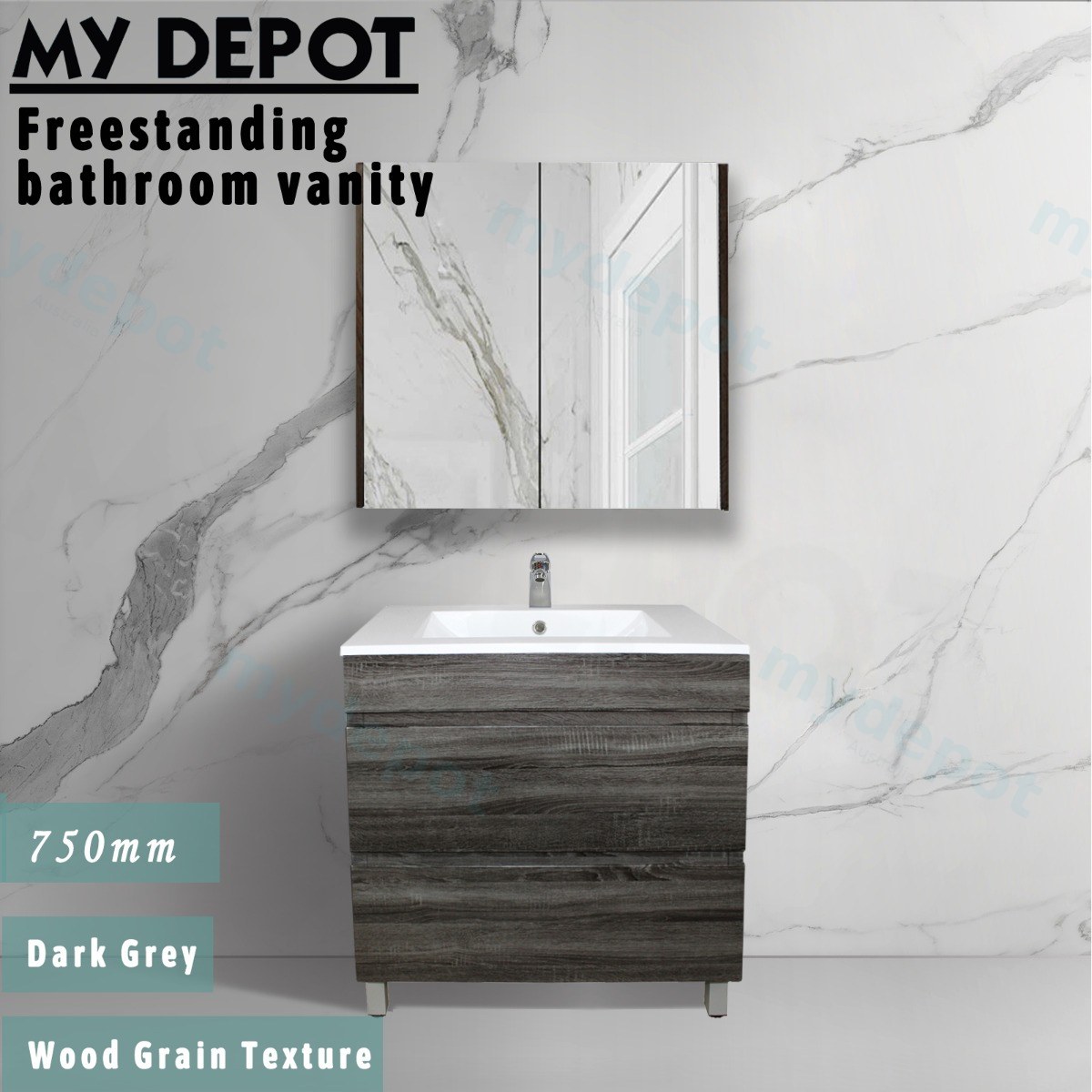 750mm Dark Grey MDF 2 Drawers Freestanding Bathroom Vanity Cabinet Only view 2