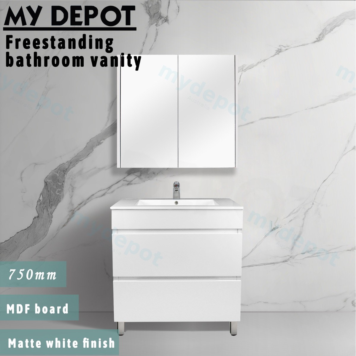 750mm Matte White MDF 2 Drawers Freestanding Bathroom Vanity Cabinet Only view 2