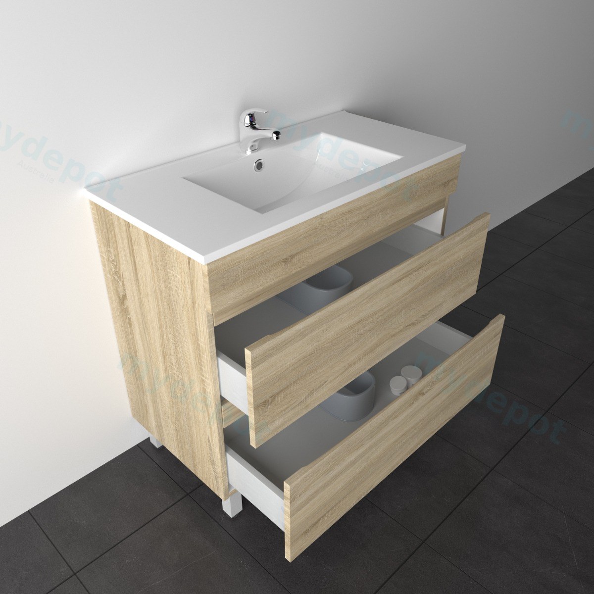 900Lx830Hx450Dmm White Oak MDF Board with PVC Vacuum Filmed 2/DW Freestanding Vanity view 2