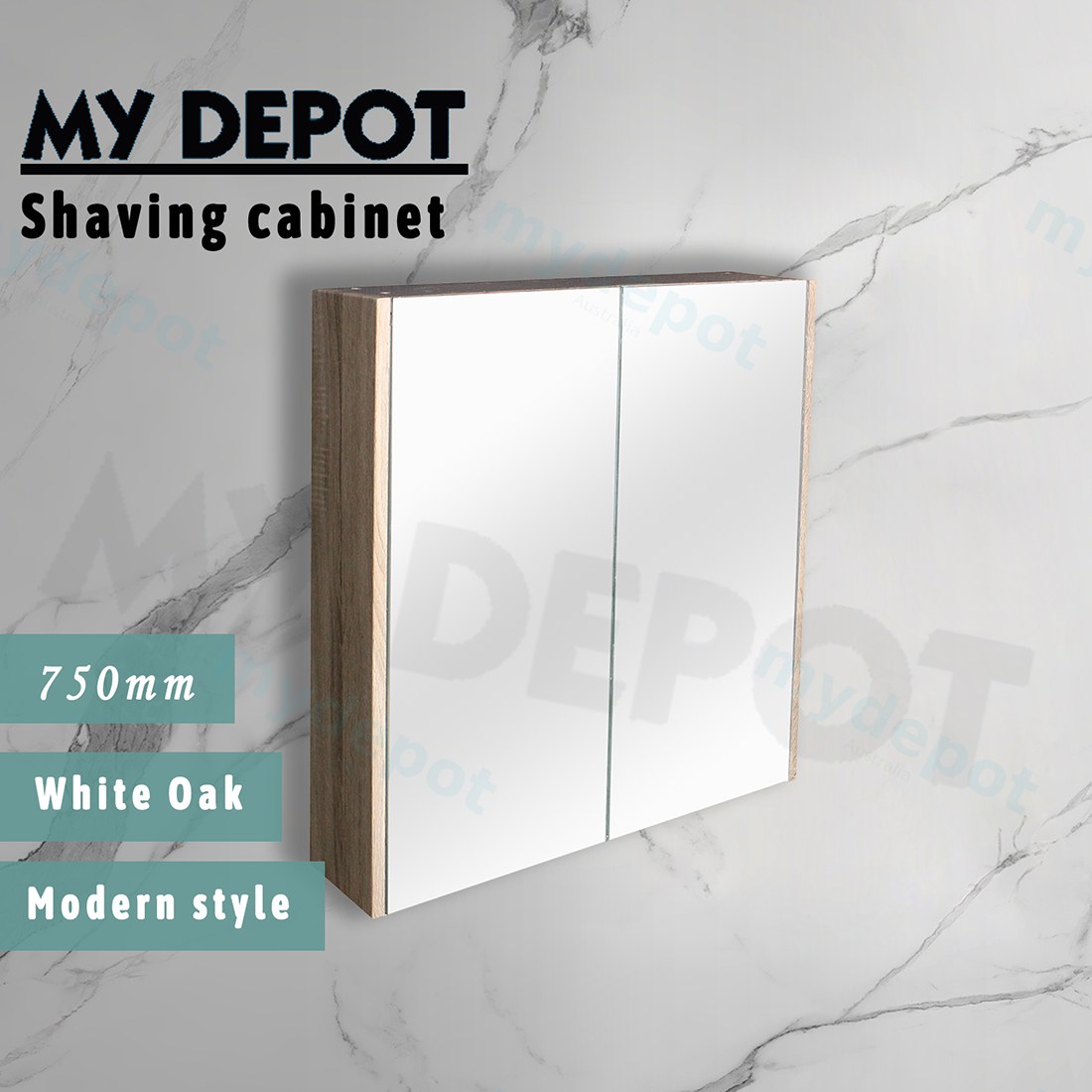 750mm White Oak MDF 2 Doors Pencil Edge Shaving Cabinet view 2