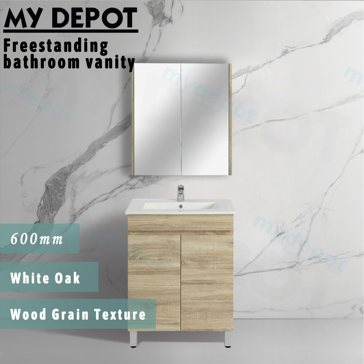600mm Slim White Oak MDF Freestanding Bathroom Vanity Cabinet Only 2 Doors view 3