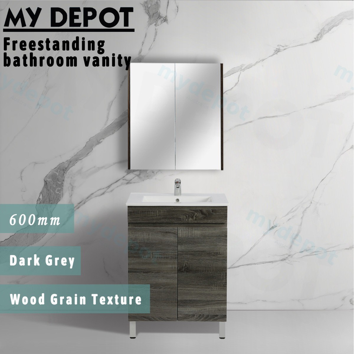 600mm Slim Dark Grey MDF Freestanding Bathroom Vanity Cabinet Only 2 Doors view 3