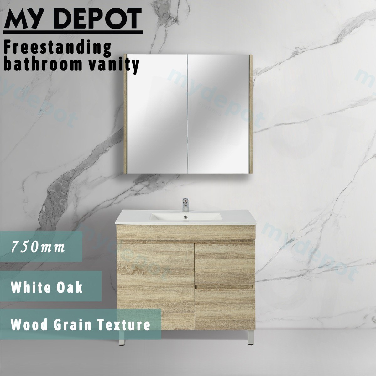 750mm White Oak MDF Freestanding Bathroom Vanity Cabinet Only Right Drawer PVC Vacuum Filmed view 3